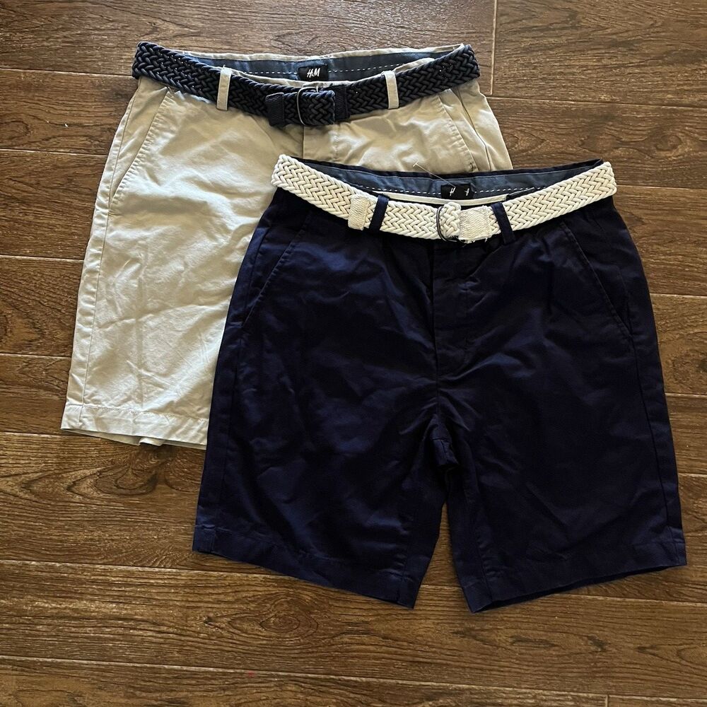 Lot of 2 H&M Men’s Chino Shorts Khaki Navy Size 33R Belted 6" Casual Flat Front